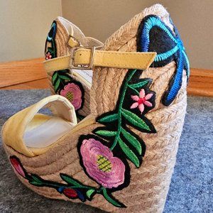 Seniorah Wedge Heels Yellow Espadrille with Colorful Embroidery Size 8